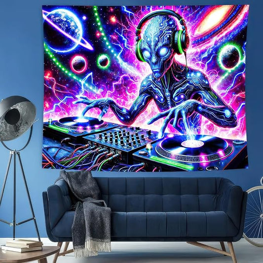 BlissYard Blacklight Cool Alien Tapestry UV Reactive Tapestry 78x59 Inch Black Light Galaxy Planet Tapestry Glowing Tapestry Large Neon Tapestry Wall Hanging for Home Living Room Bedroom Decor