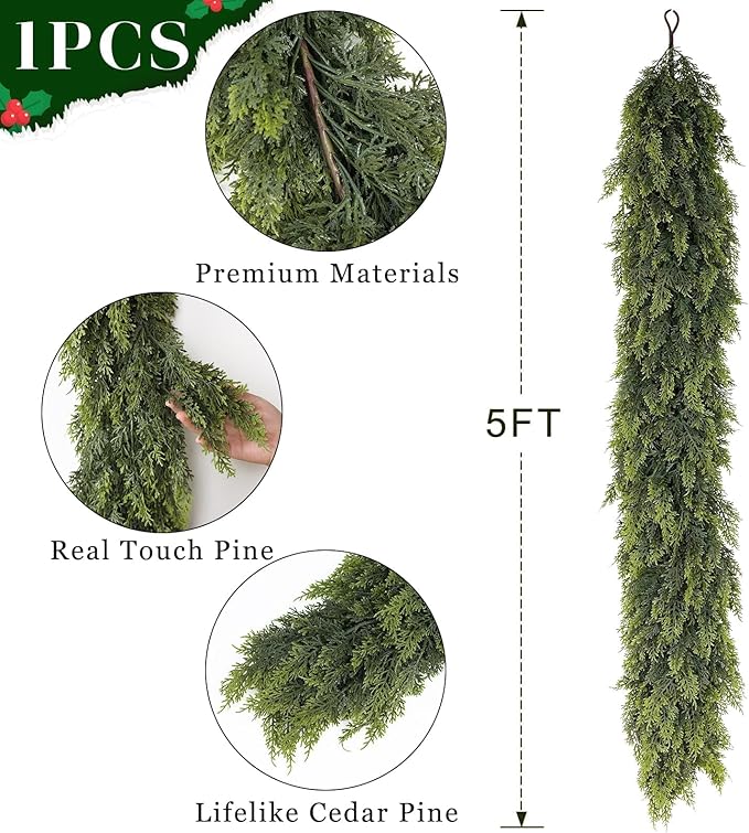 Real Touch Cedar Garland - Artificial Christmas Garlands Faux Green Cedar Fake Pine Needles Garland for Fireplace,Table, Stairs, Mantle, Window,Indoor Outdoor,Home,Holiday Decor(1 PCS,5 FT)