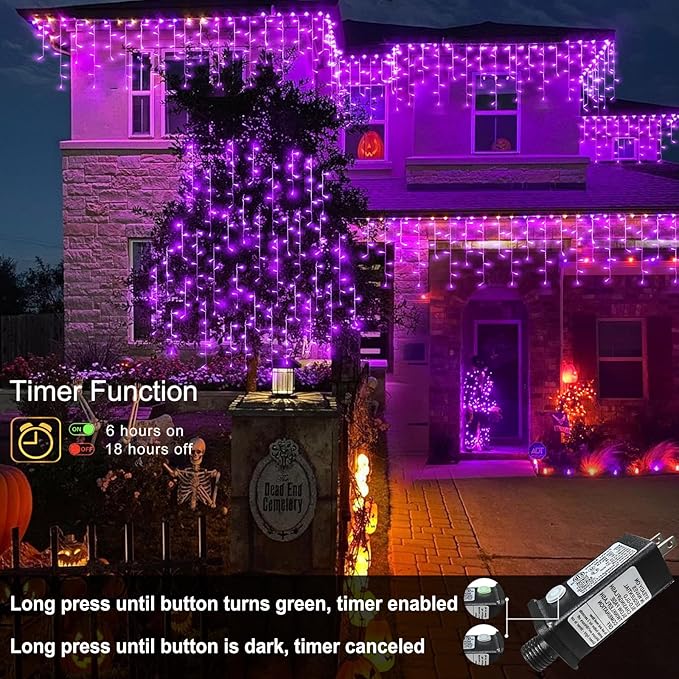 66ft Purple Halloween Lights Outdoor, 640 LED Icicle Lights for Outside Indoor Twinkle Lights with Connectable Clear Wire 8 Modes Timer Waterproof for House Party Tree Holiday Yard Decorations