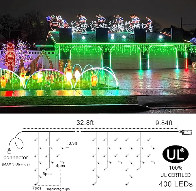 Green Christmas Lights Outdoor, 33ft 400 LED Icicle Lights for Outside House with Connectable Clear Wire 8 Modes Timer, Plug in Waterproof for Home Holiday Eaves Yard Party Room Indoor Decoration