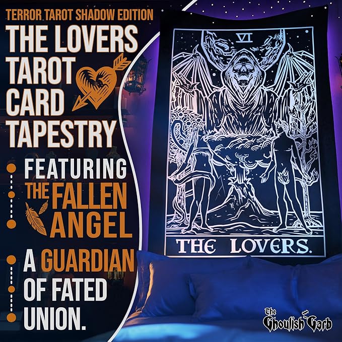 The Lovers Tarot Card Tapestry (Black & White) - Grim Reaper - Gothic Couple Halloween Home Decor Wall Hanging (80" x 68")