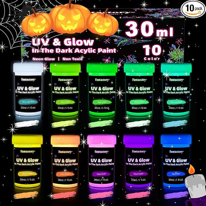 Fantastory Glow in the Dark Acrylic Paint,10 Bright Colors(30ml/1oz); Waterproof, Indoor Outdoor Black Light Paints for Halloween Rocks,Wood,DIY Crafts,Pumpkin, Adults