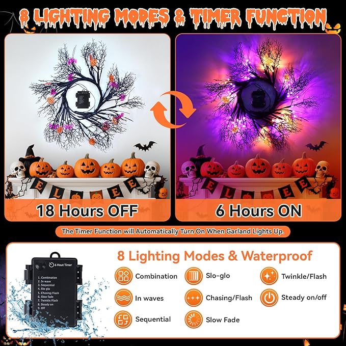 [8 Modes & Timer] 6Ft 45 LED Halloween Willow Vine Twig Garland with Orange Lights - Battery Operated, Waterproof Halloween Decor for Indoor Wall, Fireplace Mantle, Home Party (Pumpkins & Bats, 6FT)