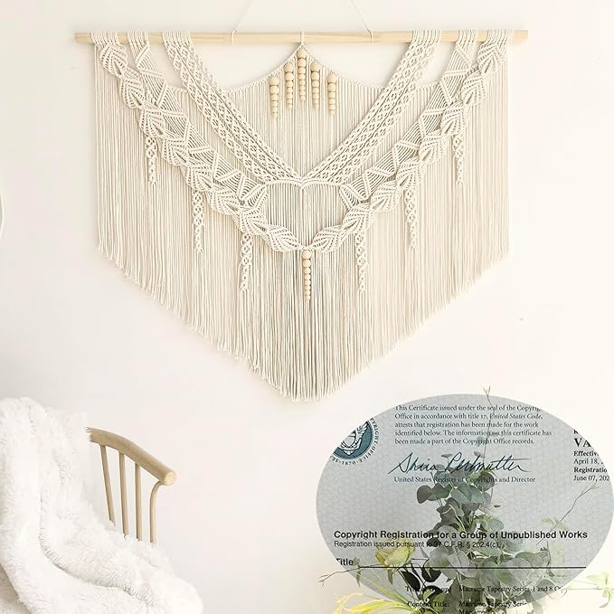 Achart Macrame Wall Hanging Large- Boho Wall Decor- large wall art- Wall Decor Living Room- Macrame Tapestry Boho Decor for Bedroom (Leaf &Wood Bead)