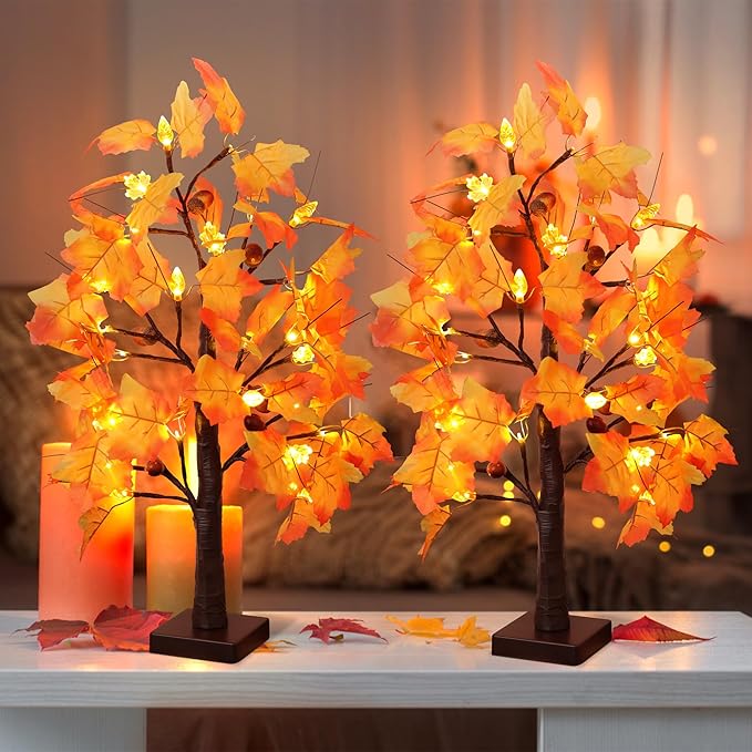 2 Pack 24 Inch Prelit Fall Maple Tree Fall Decorations for Home with 48 LEDs Battery Operated Timer Lighted Acorn Maple Tabletop Light Up Tree for Office Fall Decor Thanksgiving Decorations Indoor