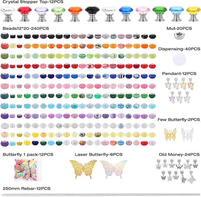 380pcs Beaded Garden Stake, DIY Butterfly Fairy Wand Garden Stake Kit with 10IN Threaded Rod Crystal Stopper Top Large Holes Beads Butterfly Decoration Pendants Outdoor Fairy Garden kit