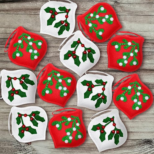 12 Pcs Christmas Felt Ornaments for Tree Red and White Mistletoe and Holly Leaves with Berries Poinsettias 3D Hanging Decorations Hanging Felt Craft for Christmas Party Favors Gifts