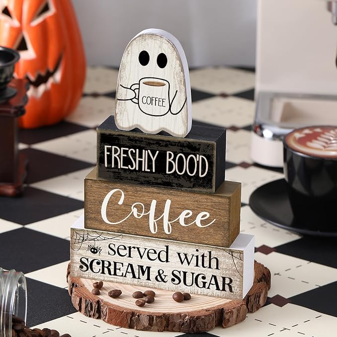 4 Pcs Halloween Table Decor Coffee Ghost Wooden Sign Halloween Tiered Tray Decor Farmhouse Ghost Tabletop Centerpiece Decorative Coffee Bar Block Signs for Home Office Kitchen Shelf