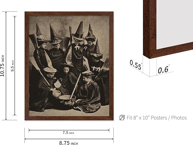 Poster Master Vintage Photograph Poster - Retro Halloween Print - Gift for Artist, Friend - Witches Cooking, Pointy Hats, Broomsticks, Black Magic - Wall Decor for Bedroom, 8x10 Brown Framed