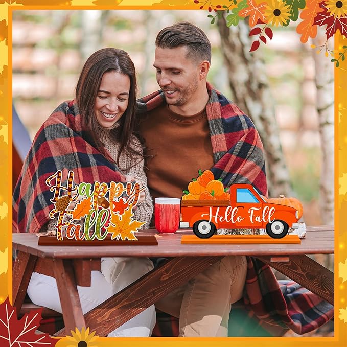 6 Pcs Fall Decorations for Home Fall Table Centerpiece Hello Autumn Wooden Table Sign Pumpkin Gnome Truck Gnome Wood Tabletop Decor Autumn Harvest Party Decorations for Home, 6 Styles