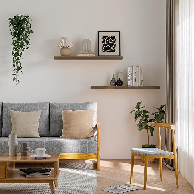 Wood Floating Shelves for Wall 36” x 8”x 1.4” Shelf Floating Rustic Farmhouse Decor, Heavy Duty Shelf Hold 80 lbs, Wall Shelves for Bathroom Living Room Kitchen Bedroom Office, 2 Packs Walnut