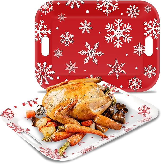 2Pcs Winter Serving Trays 16.1 x 11.1 Inch Large Melamine Christmas Trays Platters with Handles Rectangular Snowflake Melamine Dish for Serving Food Outdoor Dinner Dessert Plates Party Decorations