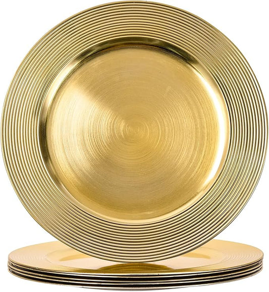 13" Round Charger Plates, 6 pack Ring Pattern Plastic Chargers for Dinner Plate, Vintage Charger Plates Bulk Wedding, Metallic Foil Gold