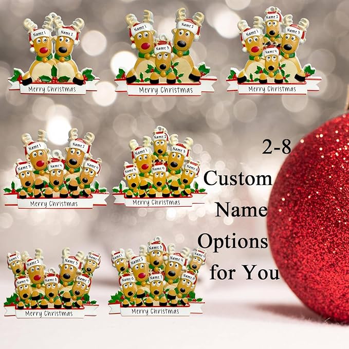 2025 Personalized Christmas Ornaments Family of 2/3/4/5/6/7/8,Custom Deer Christmas Ornaments Deorations with Names,Customized Xmas Ornament Tree Deorations,Personalized Christmas Ornament Gifts