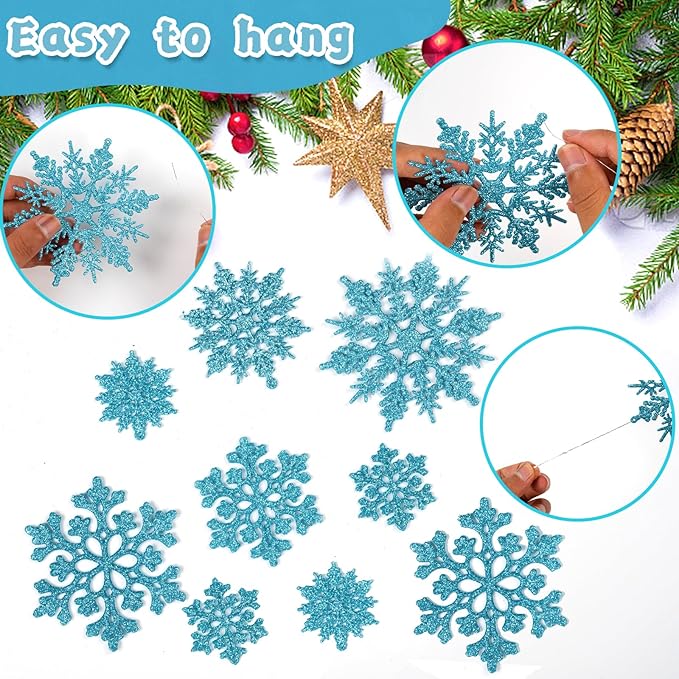 36pcs Christmas Light Blue Snowflake Ornaments Plastic Glitter Snow Flakes Ornaments for Winter Christmas Tree Decorations Size Varies Craft Snowflakes