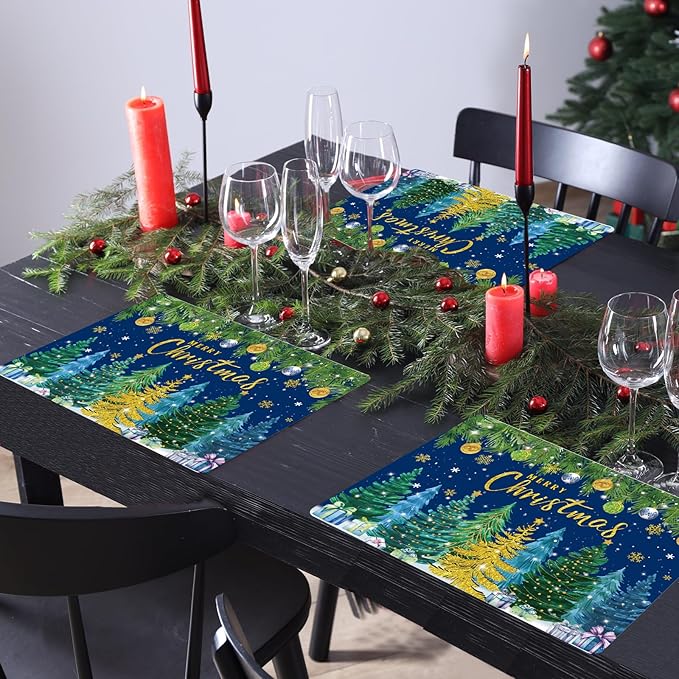 Christmas Pine Trees Placemats Set of 6 Plastic Table Mats Xmas Ball Ornaments Snowflakes Place Mats Holiday Pine Trees Winter Table Decoration for Indoor Outdoor Party Kitchen Dining