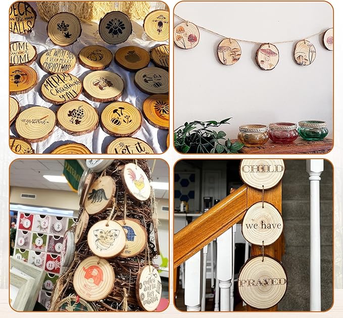 30 PCS Natural Unfinished Wood Crafts, 2.7" - 3.1" WoodRounds with Hole, Wood Ornaments WoodCircles for Crafts Doodle, Splice, Paint, Art, Decorate