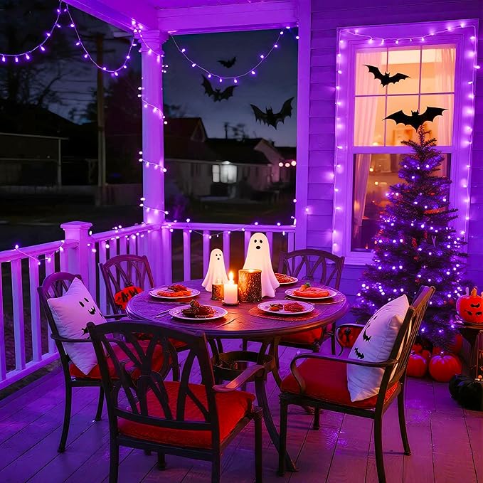 JMEXSUSS Connectable 100 LED Purple Halloween Lights Indoor, 8 Modes Plug in Purple Christmas String Lights Clear Wire, 33ft Christmas Tree Light Outdoor for Halloween Tree, Garden, Bedroom
