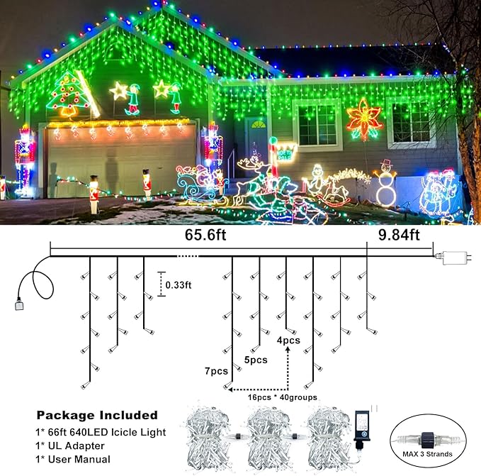 Icicle Lights for Outside, 66FT 640 LED Christmas Lights Outdoor with 8 Modes Waterproof, Connectable Plug in Twinkle String Light for Indoor Yard Garden Party Holiday Decorations, Green