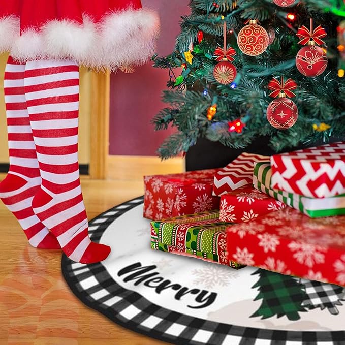 Christmas Tree Skirt 48 Inch Buffalo Plaid Xmas Tree Skirts Rustic Vintage Farmhouse Black and White Christmas Decoration Ornaments for Merry Christmas Holiday Party Indoor Outdoor