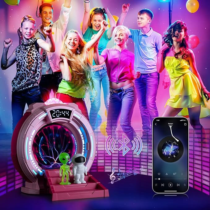 Plasma Ball Night Light,Space Girl's Room Party Aurora Projector LED Alien Veins Lamp,White Noise,Clock,Remote Control,Bluetooth Speaker,Adults,Kids' Room Decor Lamps,Christmas,Birthday Gift(Pink)