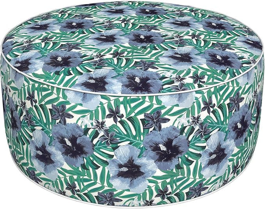 Inflatable Ottoman Stool D31 xH14 for Outdoor/Indoor Use, Water Repellent Patio Foot Rest with Portable Handle,Round Pouf Ottoman Suitable for Garden,Deck and Camping - Blue Salmone Tropical