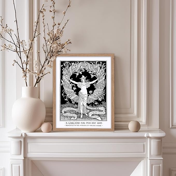 Poster Master Vintage Walter Crane Poster - Retro A Garland for May Day Print - Socialist Art - Gift for Him, Her, Men, Women - Wall Decor for Home, Office, Living Room, 8x10 Beige Framed