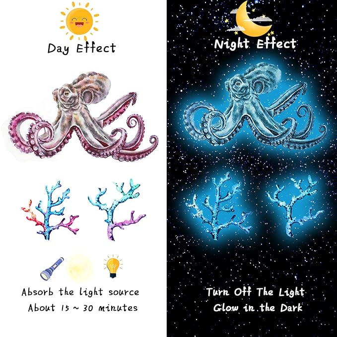 Sabary 4 Pieces Glow in The Dark Ocean Wall Decals Under The Sea Wall Decals Fish Stickers PVC Sea Animals Stickers for Room Living Room Nursery Bathroom Decoration