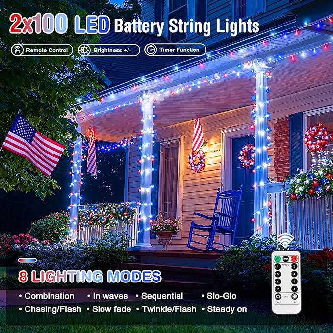 JMEXSUSS 2 Pack Red White and Blue Lights Outdoor, 33ft 100 LED 4th of July Lights Battery Operated, 8 Modes Patriotic Decorations for Indoor Outside Independence Day American Flag Holiday
