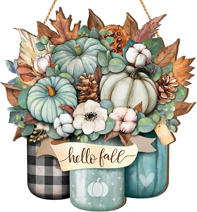 Boao Blue Hello Fall Door Decorations for Home Thanksgiving Decor Pumpkin Plaid Hanging Sign Wooden Front Door Hanger for Autumn Harvest Thanksgiving Porch Indoor Outdoor Home Decorations