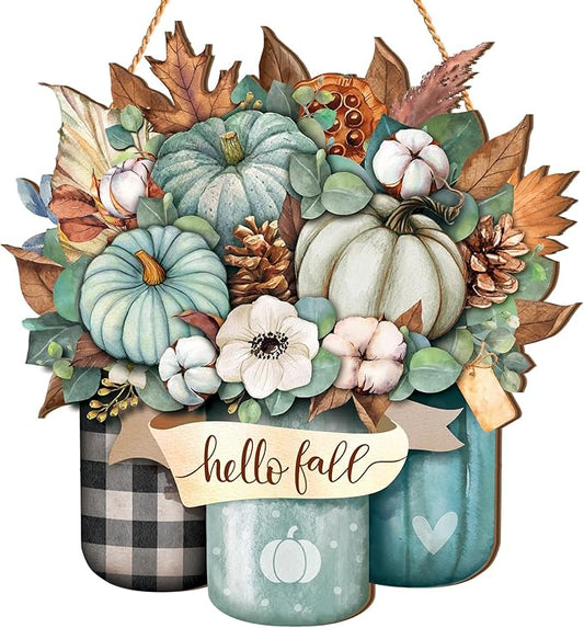 Boao Blue Hello Fall Door Decorations for Home Thanksgiving Decor Pumpkin Plaid Hanging Sign Wooden Front Door Hanger for Autumn Harvest Thanksgiving Porch Indoor Outdoor Home Decorations