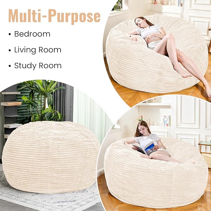 Large Bean Bag Chair, 6FT Giant Beanbag Chairs with Memory Foam Filled, Bean Bag Chairs for Adults, Ultra Soft Lazy Sofa for Living Room Bedroom (White)