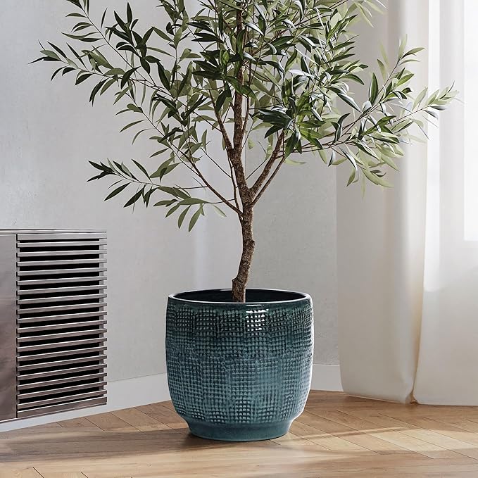 LuxenHome Marina Gray 12-Inch Dia Round Ceramic Planter Pot with Drainage Hole and Rubber Plug, Modern Gradient Glaze Plant Pot, Decorative Flower Garden Pot for Indoor Outdoor Plants