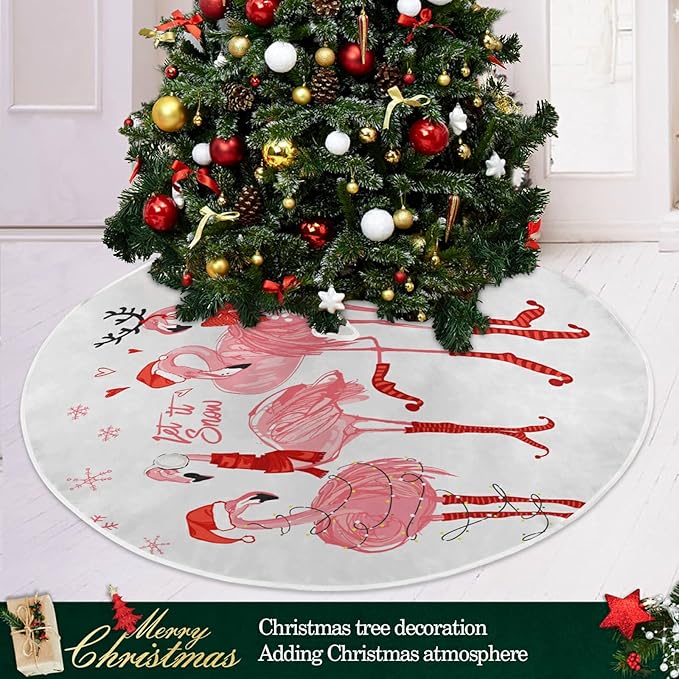 Christmas Pink Flamingo Snowflake Tree Skirt, Seasonal Tree Mat Holiday Party Supplies Ornaments Indoor Outdoor Decorations for Tabletop Trees 47.2 Inches