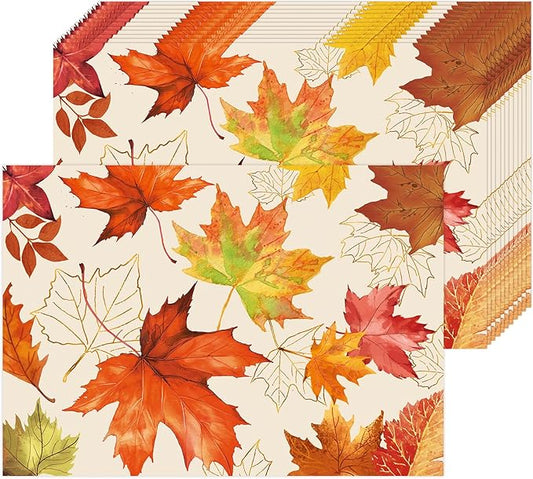 Paper Placemats Disposable 50 Pack Fall Maple Leaves Placemats 16x 11 Inch Thanksgiving Watercolor Yellow Leafs Autumn Table Mats for Home Party Kitchen Dining Table Decoration