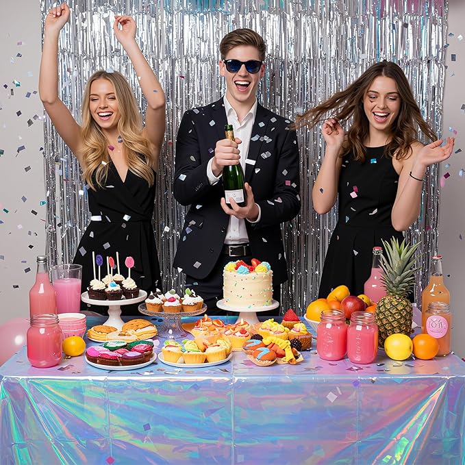 3 Pcs Iridescent Plastic Tablecloth, 54 x 108 Inch Disposable Scalloped Table Covers Waterproof Rectangle Iridescence Table Cloths for Bachelorette Bridal Shower Wedding Birthday Iridescent Decor