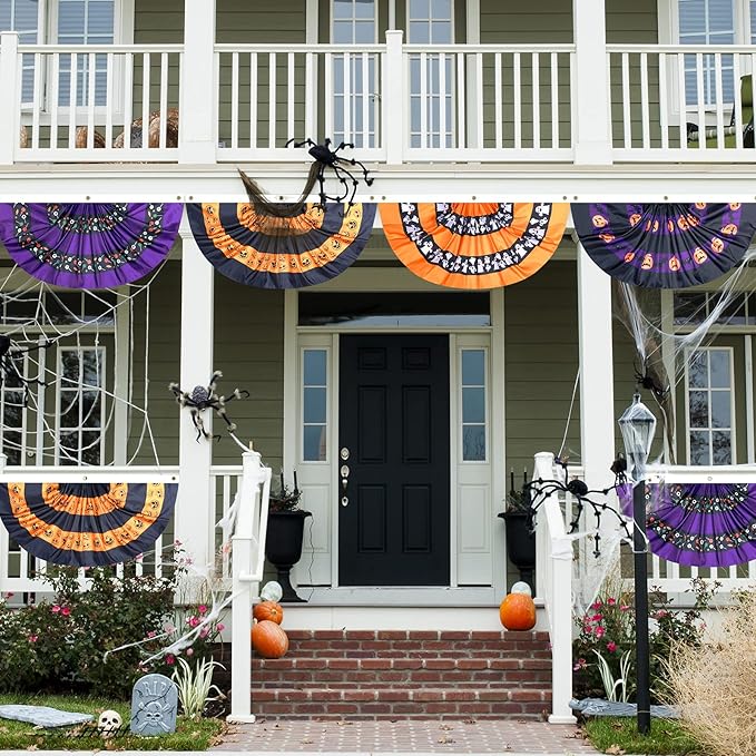 4 Pcs Halloween Bunting Flags for Outside 3 x 1.5 ft Pleated Half Fan Flag Hanging Banner Outdoor with 3 Grommet for Halloween Porch Garden Yard Holiday Indoor Home Decorations, Black Orange