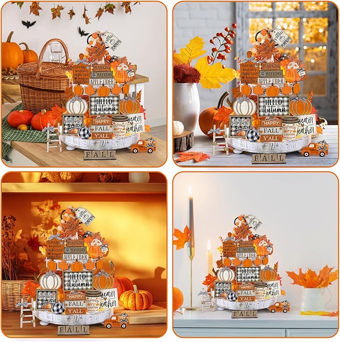 21 Pcs Fall Tiered Tray Decoration Set Thanksgiving Table Sign Pumpkins Farmhouse Gnome Maple Leaves Centerpieces Harvest Wood Blocks Signs Fall Block Tabletop for Autumn