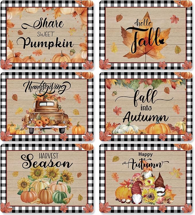 Fall Placemats Set of 6 Buffalo Plaid Thanksgiving Plastic Table Mats Autumn Vintage Maple Leaf Place Mats Pumpkins Truck Leaves Fall Table Decoration for Indoor Outdoor Party Kitchen Dining