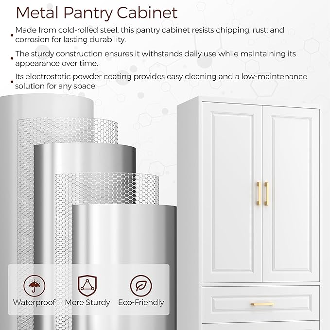 75" Kitchen Pantry Cabinet, Metal Storage Cabinets with Doors and Adjustable Shelves, White Tall Pantry Cabinet with 3 Drawers for Dinning Living Room