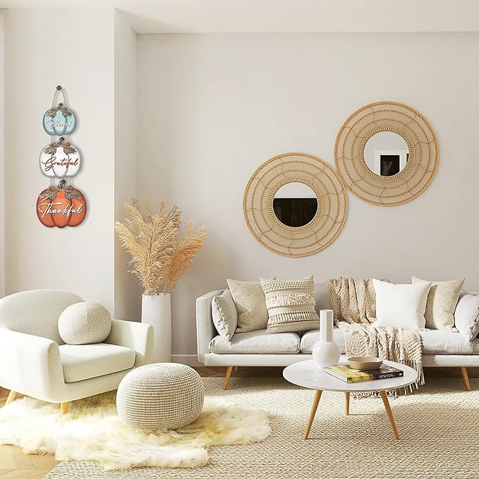 3 Pieces Pumpkin Decor Grateful Thankful Blessed Wall Signs,Rustic Hanging Welcome Door Sign for Autumn Harvest Thanksgiving Halloween Door Wall Decoration Indoor Outdoor Fall Decor for Home