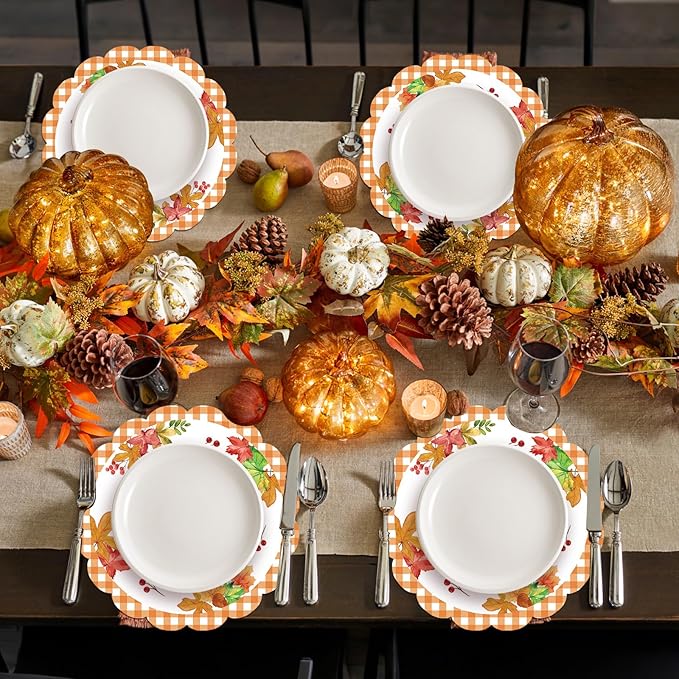 50Pcs Fall Pumpkin Round Paper Placemats,13.4 Inch Autumn Maple Leaf Round Table Mats Thanksgiving Scalloped Disposable Placemats for Harvest Birthday Thanksgiving Party Supplies