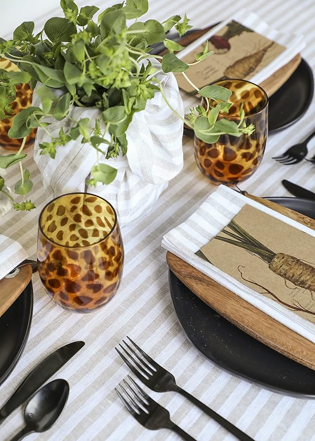 Solino Home Linen Tablecloth 60 x 108 Inch - Amalfi Stripe 100% Pure Linen Natural and White Table Cloth for Rectangle Tables - Machine Washable Tablecloth for Fall, Autumn, Thanksgiving