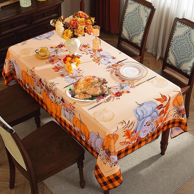 SASTYBALE Thanksgiving Tablecloths for Rectangle Tables 60 x 84 Inch Pumpkins Tablecloth with Checkered, Vintage Farmhouse Spill-Proof Fabric Table Covers for Autumn Harvest & Fall Decor, Orange