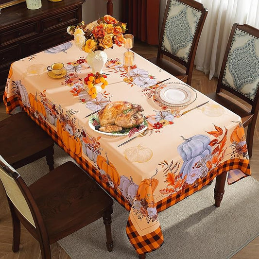SASTYBALE Thanksgiving Tablecloths for Rectangle Tables 60 x 84 Inch Pumpkins Tablecloth with Checkered, Vintage Farmhouse Spill-Proof Fabric Table Covers for Autumn Harvest & Fall Decor, Orange