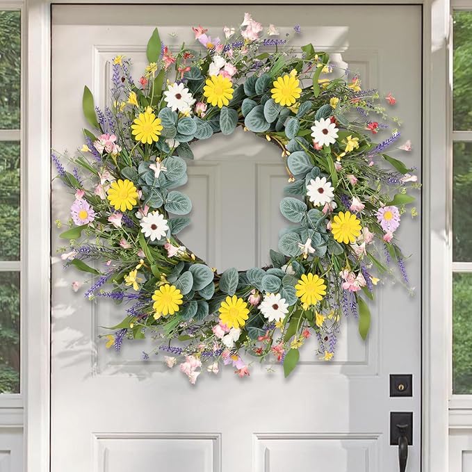 Artgar Spring Wreaths for Front Door, 24 Inch Daisy Wreath, Artificial Spring Summer Wreath with Eucalyptus Leaves Paper Flowers for Indoor Outdoor Home Door Window Wall Wedding Decor