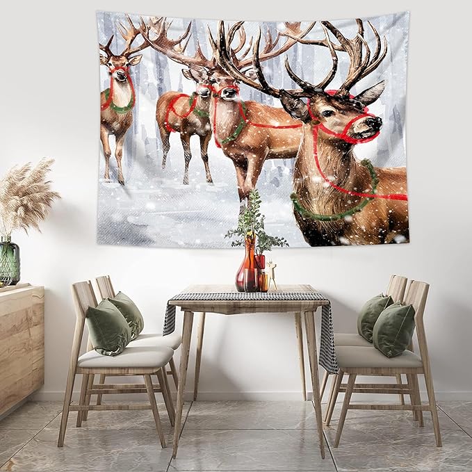 QGHOT Winter Tapestry Wall Hanging Winter Forest Backdrop Christmas Snowy Deer Wall Decor Snow Elk Tapestries for Bedroom Living Room Dorm Party Decoration, Extra Large