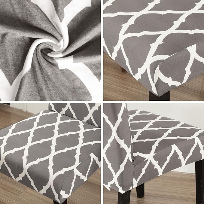 JQinHome Dining Room Chair Covers Set of 8, High Stretch Chair Slipcover Removable Washable Chair Seat Protector Cover for Home Party Hotel Wedding Ceremony (Grey White)