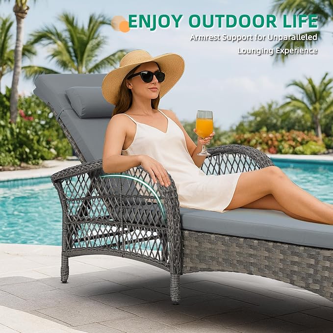 VIVIJASON Outdoor Wicker Chaise Lounge Chair, All-Weather PE Rattan Cushioned Patio Lounger Set with Side Table, 6-Position Adjustable Outside Pool Sunbathing Recliner with Armrest & Pillow, Gray