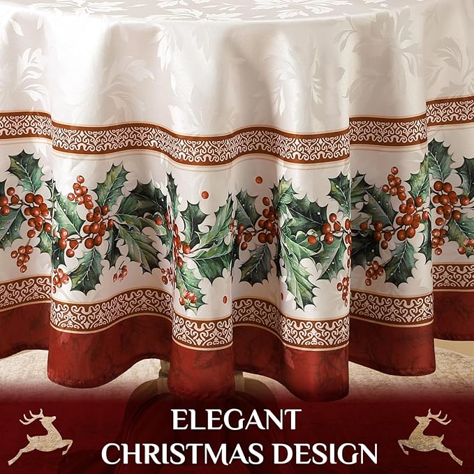 Softalker Christmas Jacquard Round Tablecloth, Winter Vintage Holly Waterproof Table Cloth, Xmas Farmhouse Fabric Table Cover for Holiday, Dining, Party Decor, Holly 70 Inch